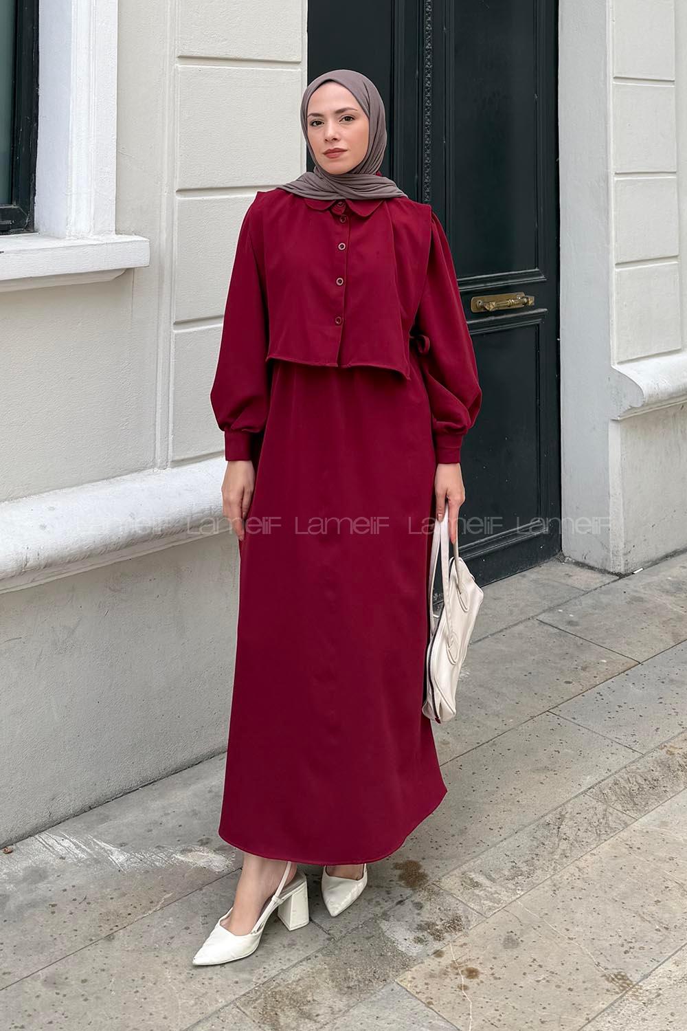Lamelif Belden Lastikli Yelekli Elbise Bordo
