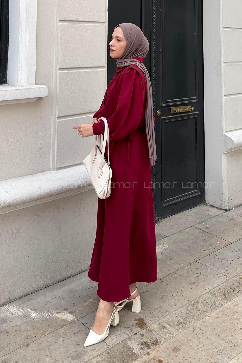 Lamelif Belden Lastikli Yelekli Elbise Bordo