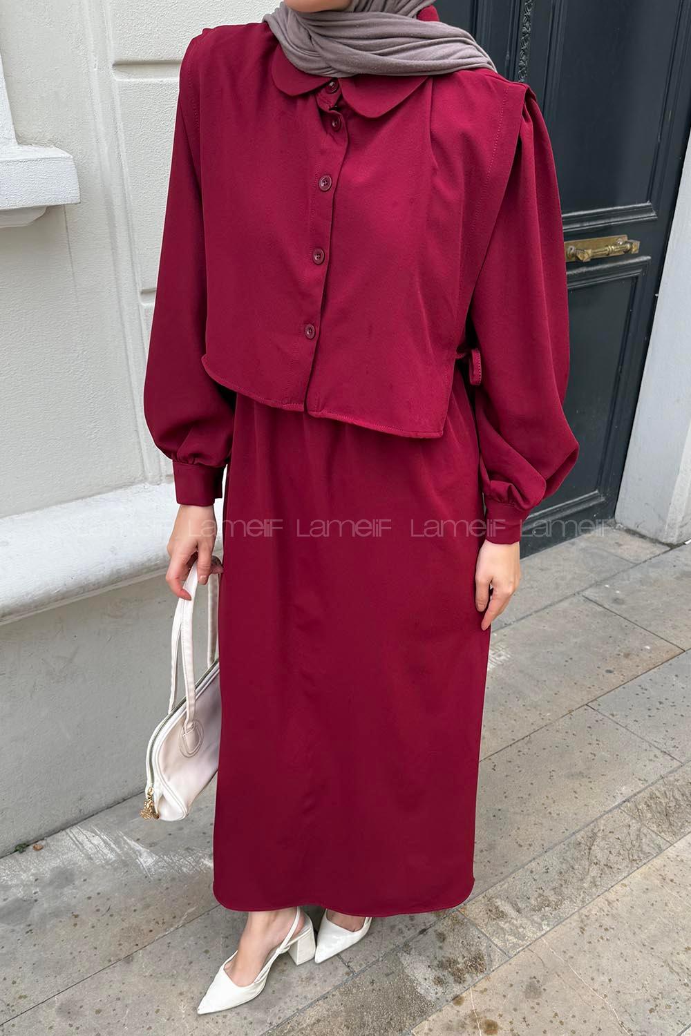 Lamelif Belden Lastikli Yelekli Elbise Bordo