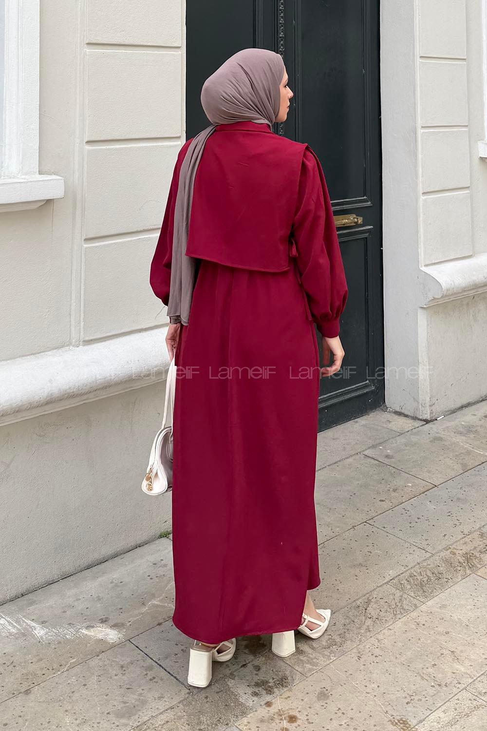 Lamelif Belden Lastikli Yelekli Elbise Bordo