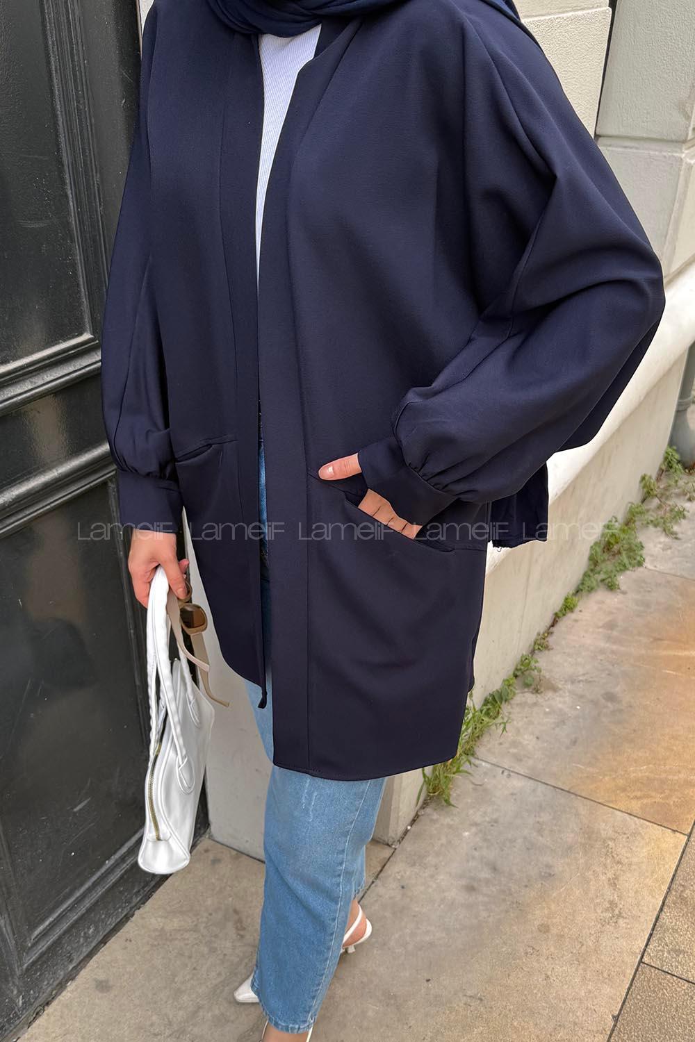 Lamelif Cep Detaylı Atlas Kimono Lacivert