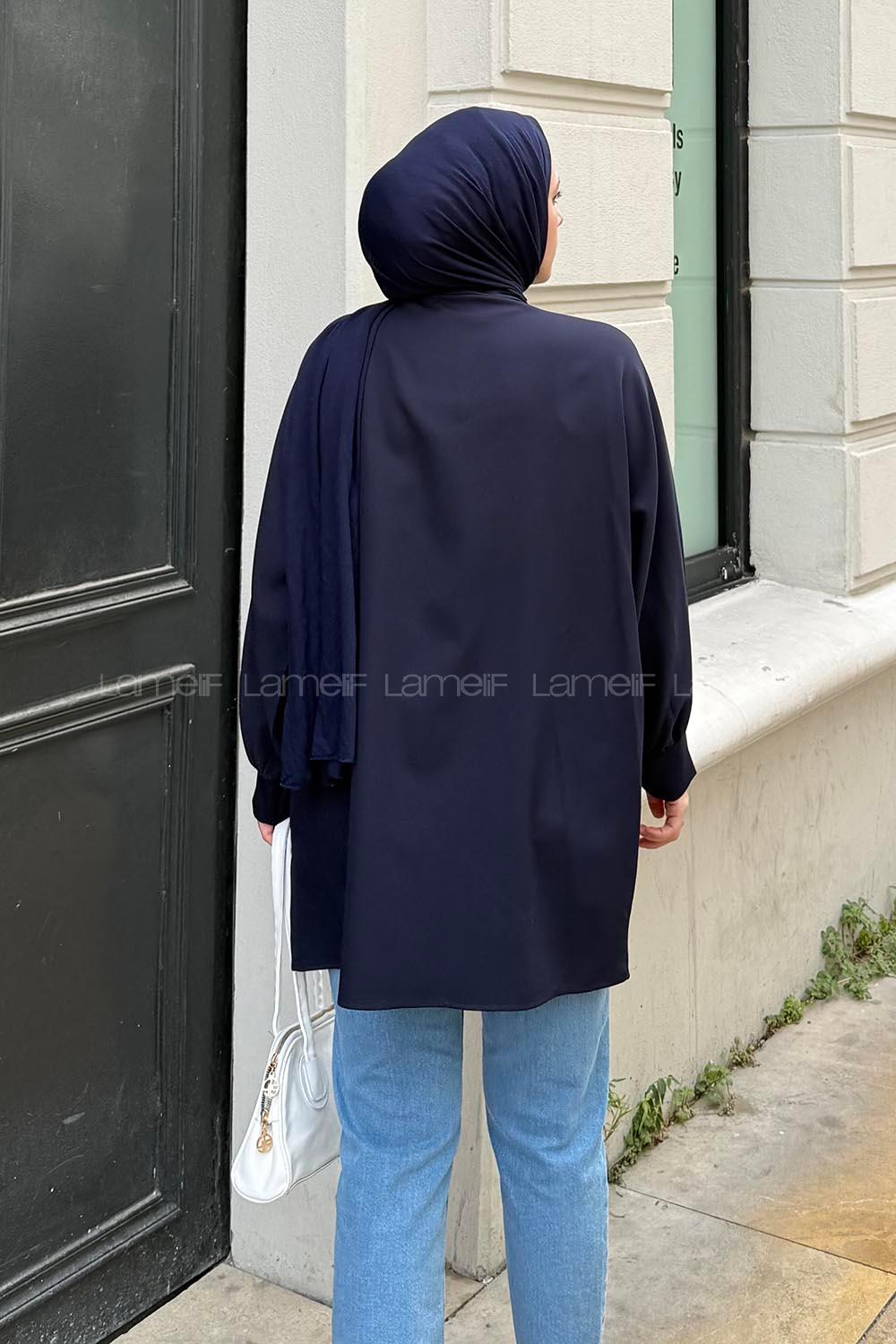 Lamelif Cep Detaylı Atlas Kimono Lacivert