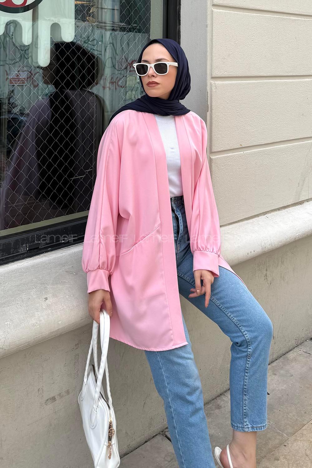 Lamelif Cep Detaylı Atlas Kimono Pembe
