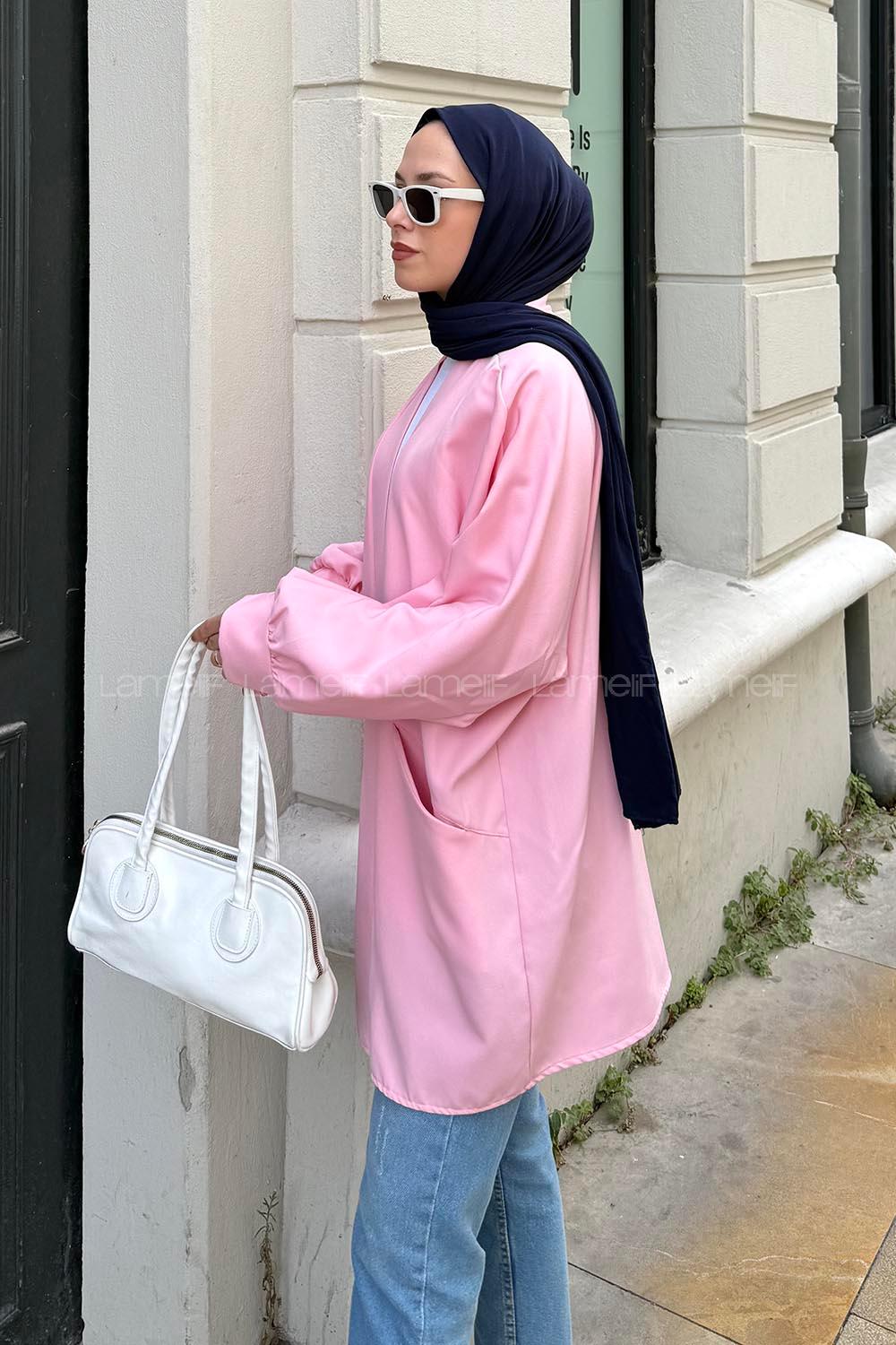 Lamelif Cep Detaylı Atlas Kimono Pembe
