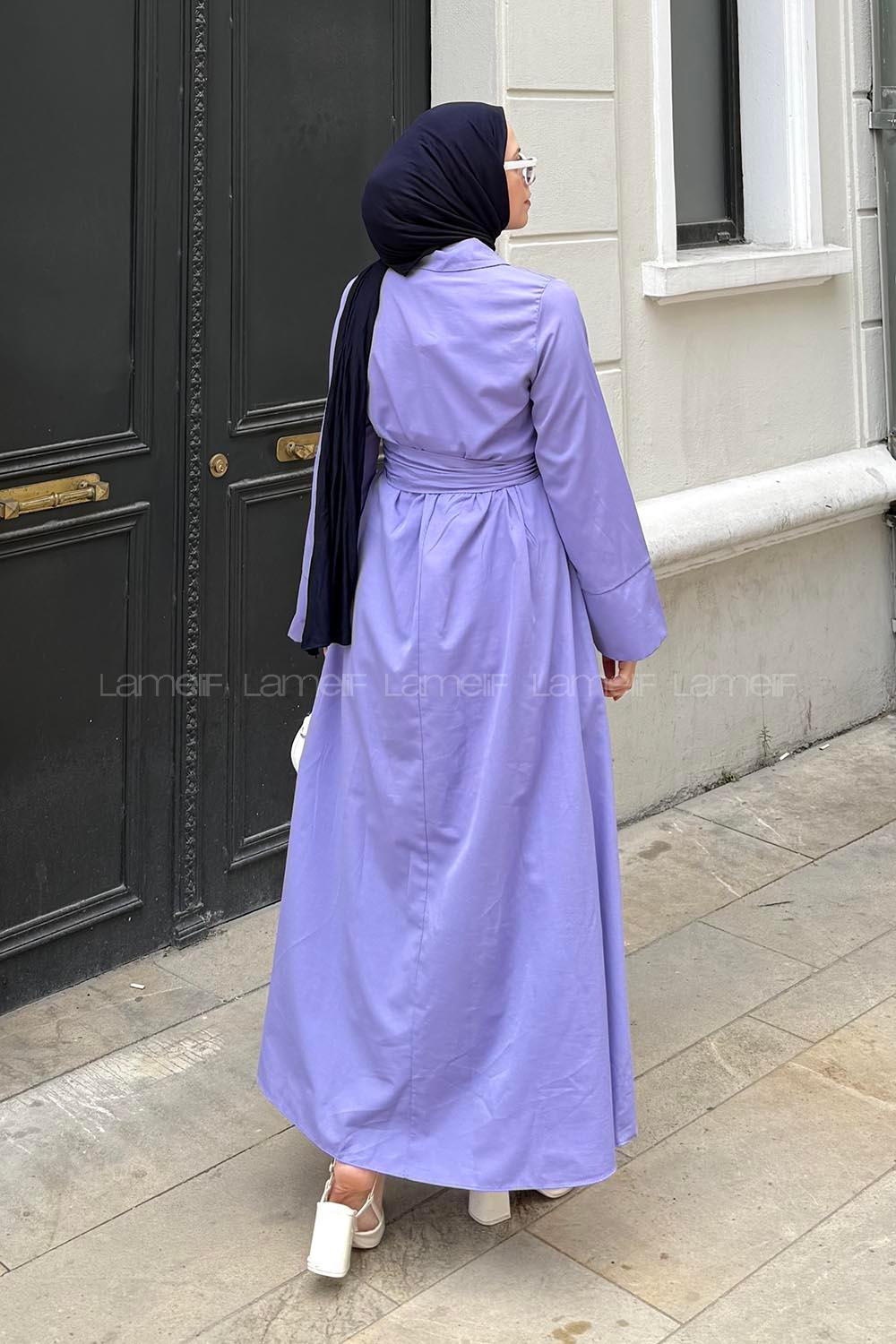 Lamelif Düğme Detaylı Tesettür Elbise Mor