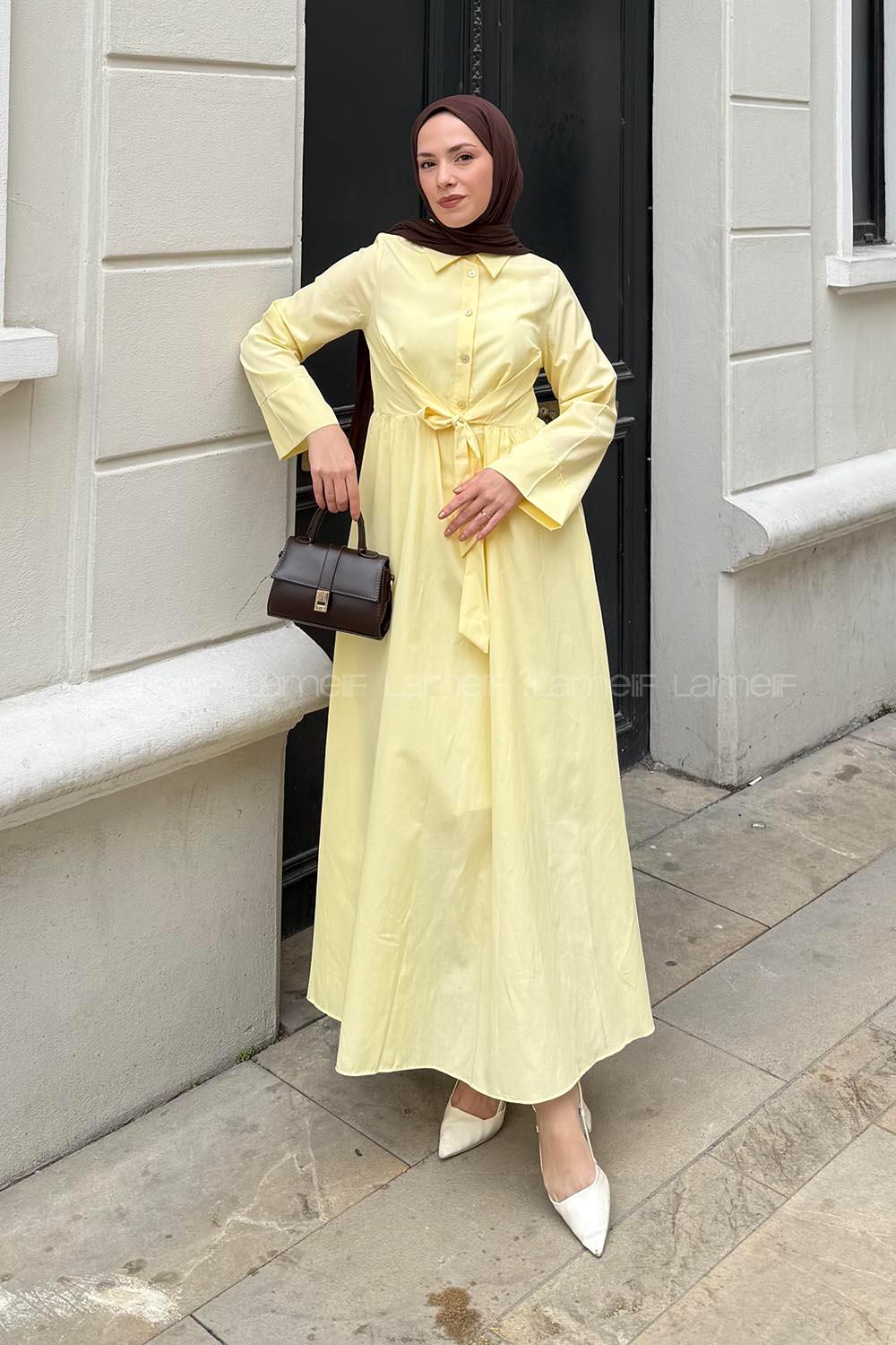 Lamelif Ön Bağlama Detaylı Tesettür Elbise Soft Sarı