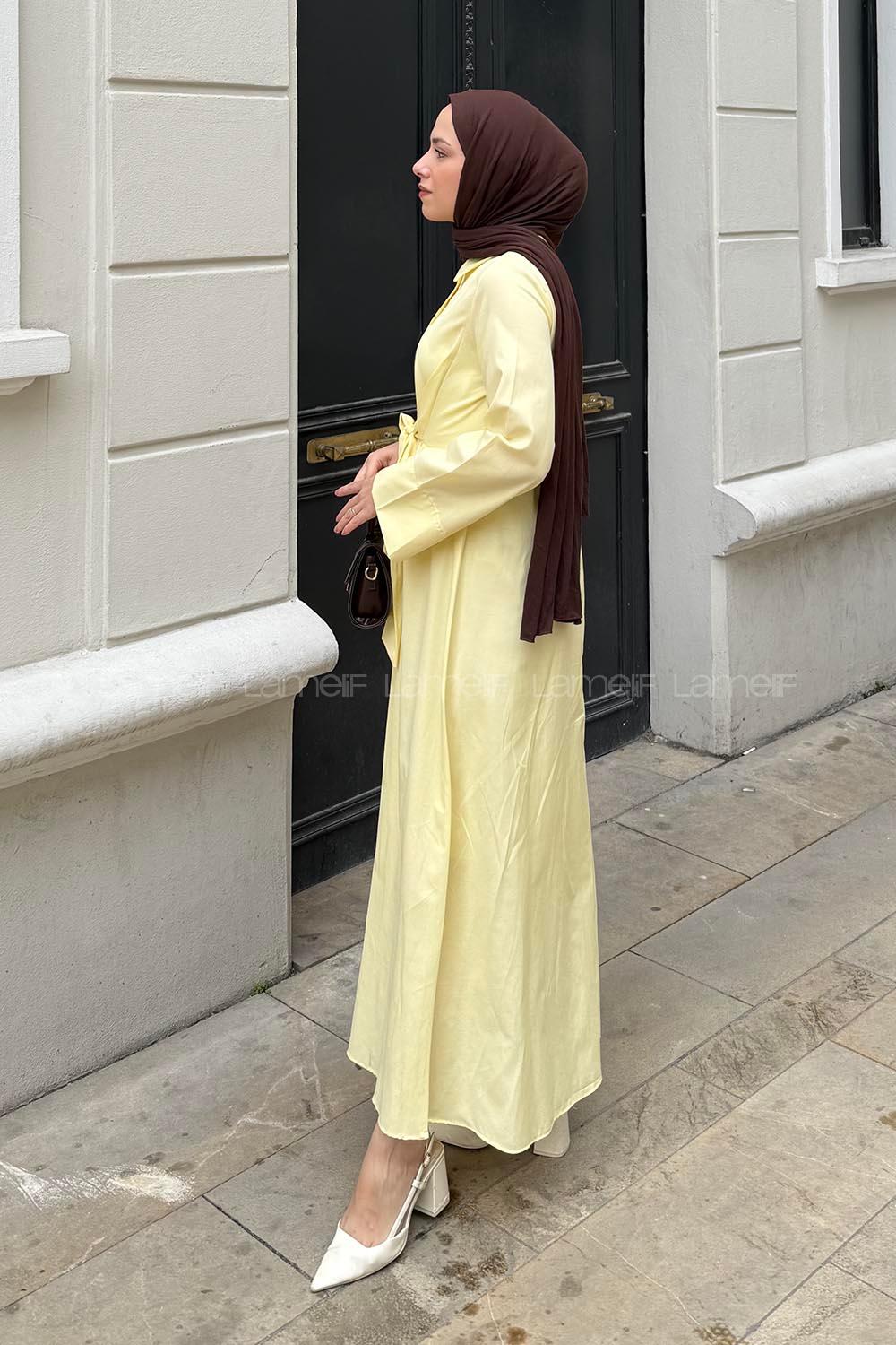 Lamelif Ön Bağlama Detaylı Tesettür Elbise Soft Sarı
