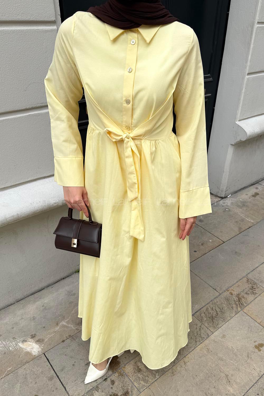 Lamelif Ön Bağlama Detaylı Tesettür Elbise Soft Sarı