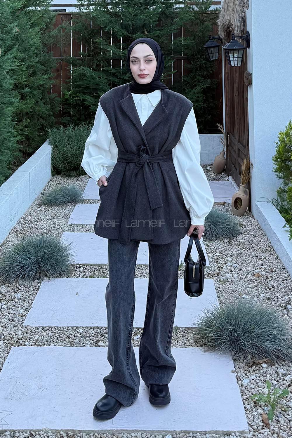 Lamelif Bağlamalı Kaşe Yelek Antrasit