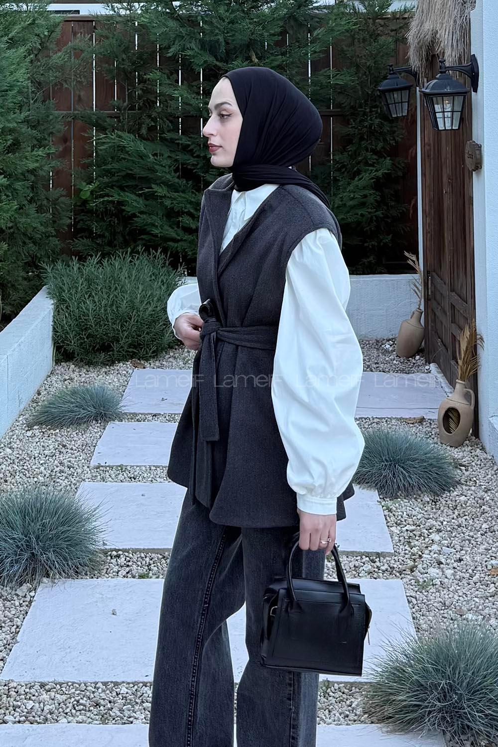 Lamelif Bağlamalı Kaşe Yelek Antrasit