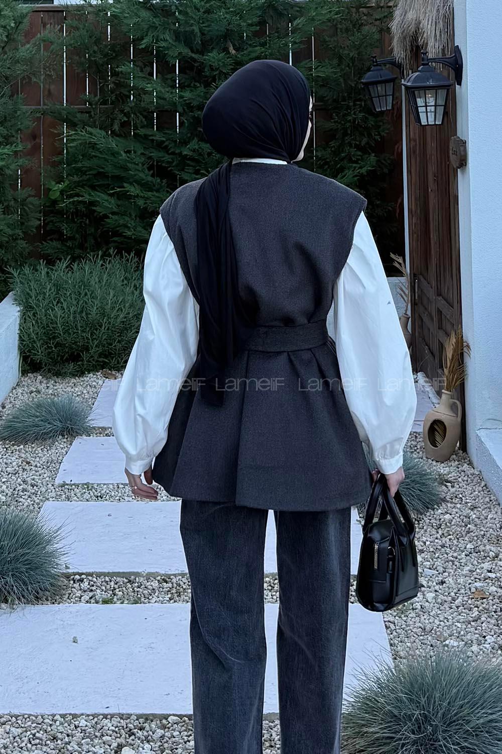 Lamelif Bağlamalı Kaşe Yelek Antrasit