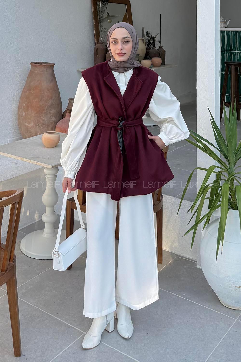 Lamelif Bağlamalı Kaşe Yelek Bordo