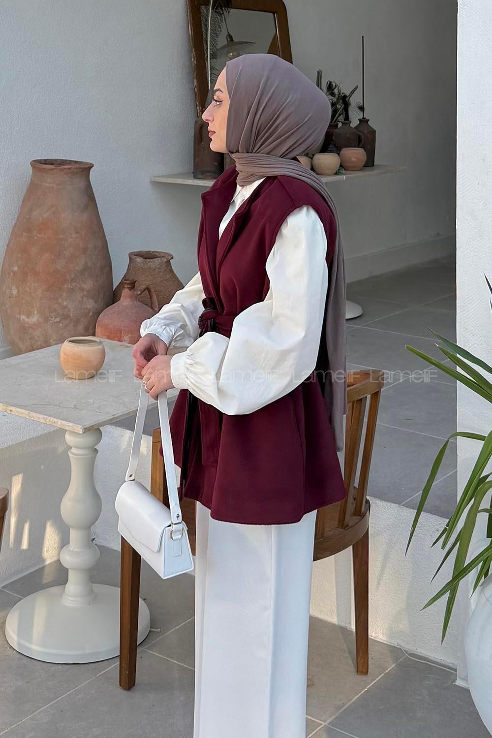 Lamelif Bağlamalı Kaşe Yelek Bordo