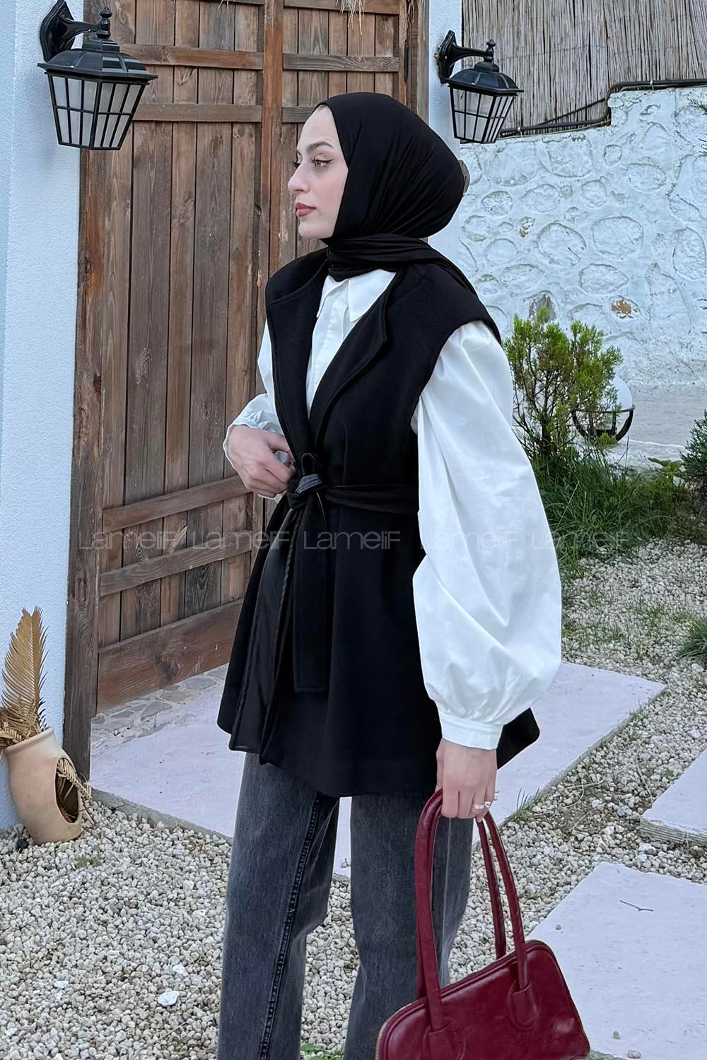 Lamelif Bağlamalı Kaşe Yelek Siyah