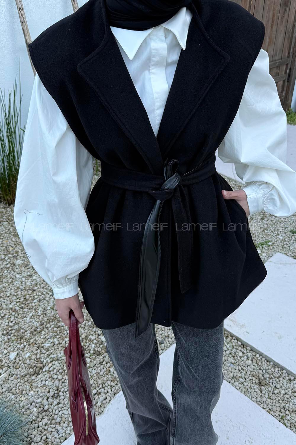 Lamelif Bağlamalı Kaşe Yelek Siyah