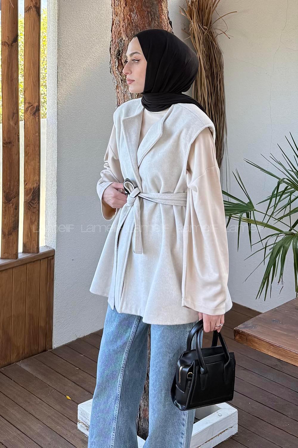 Lamelif Bağlamalı Kaşe Yelek Taş Rengi