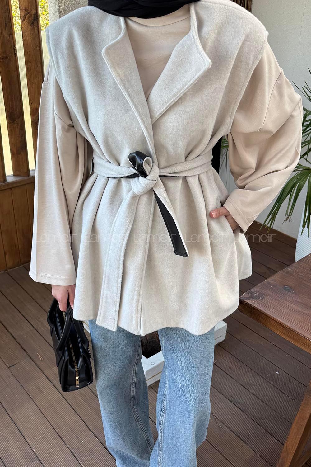 Lamelif Bağlamalı Kaşe Yelek Taş Rengi