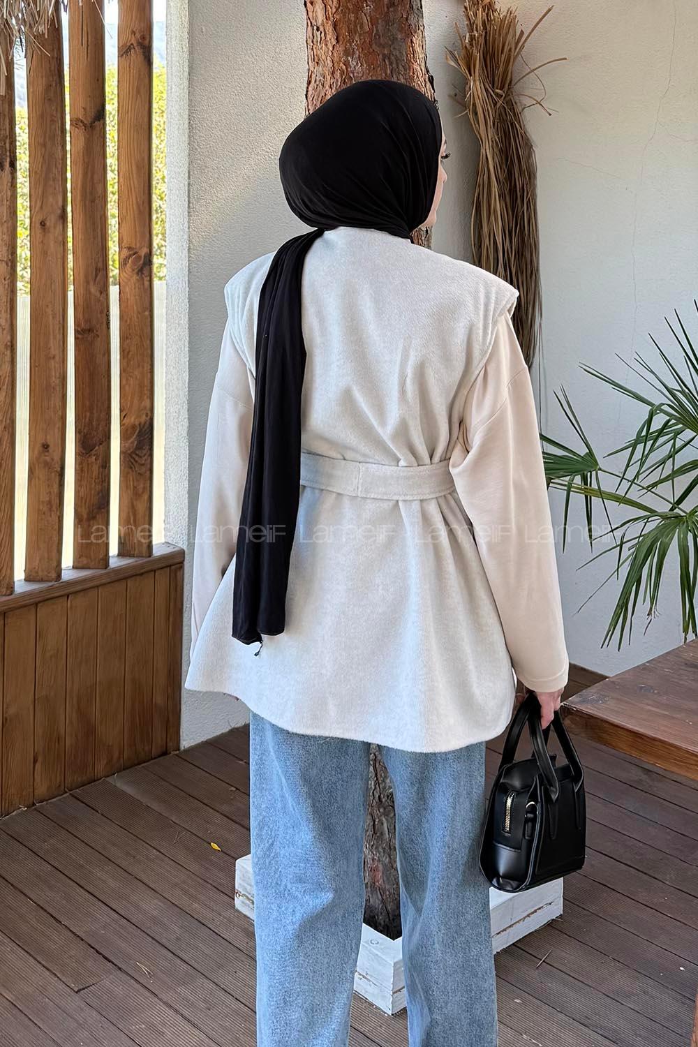 Lamelif Bağlamalı Kaşe Yelek Taş Rengi