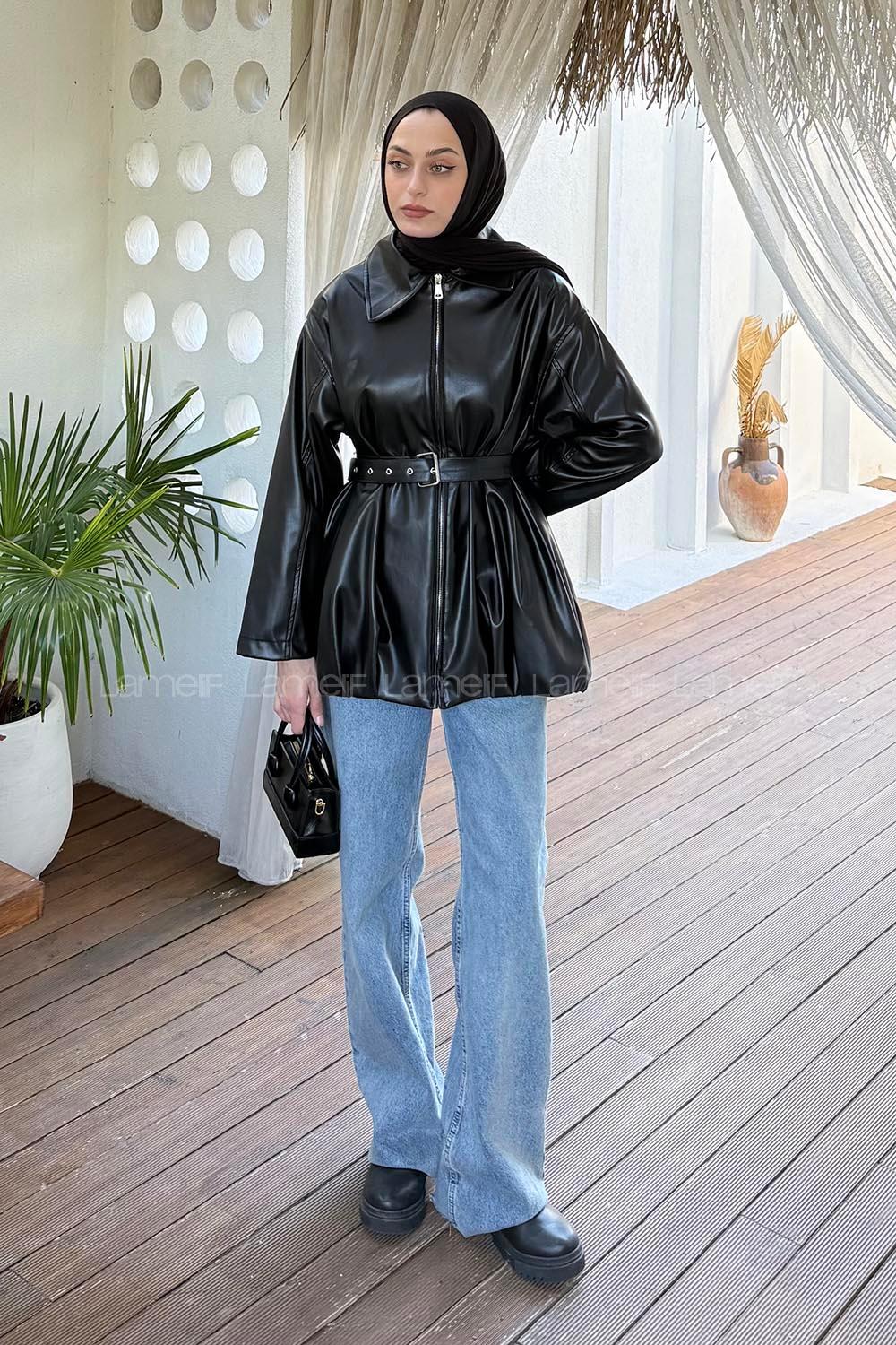 Lamelif Deri Trençkot Siyah