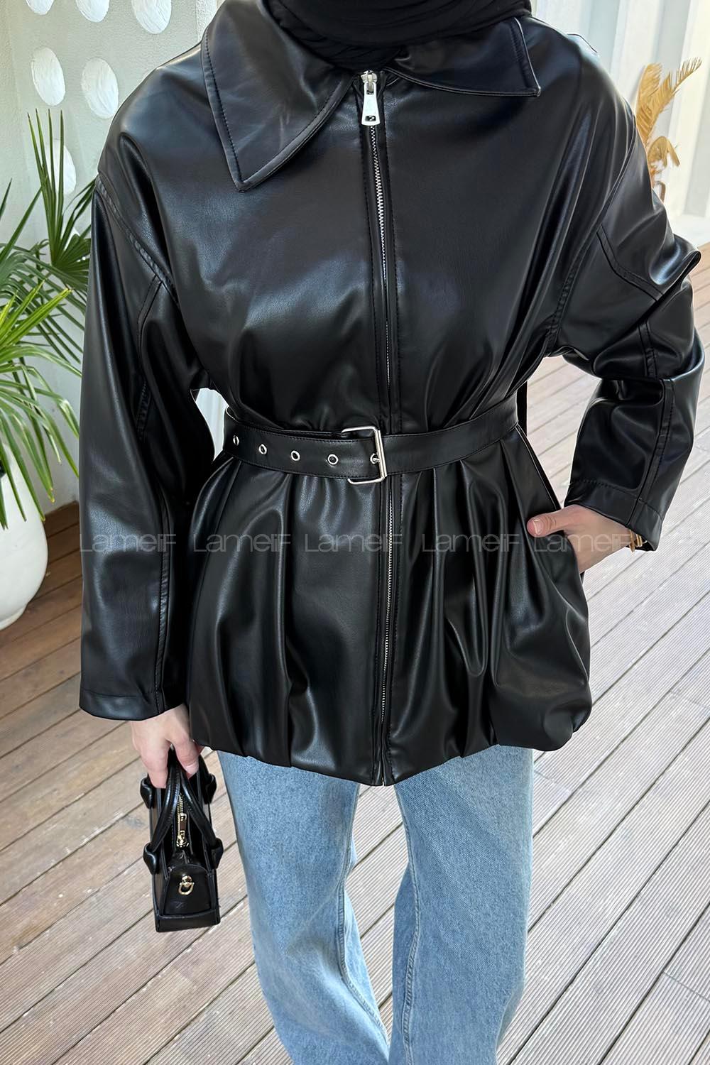 Lamelif Deri Trençkot Siyah