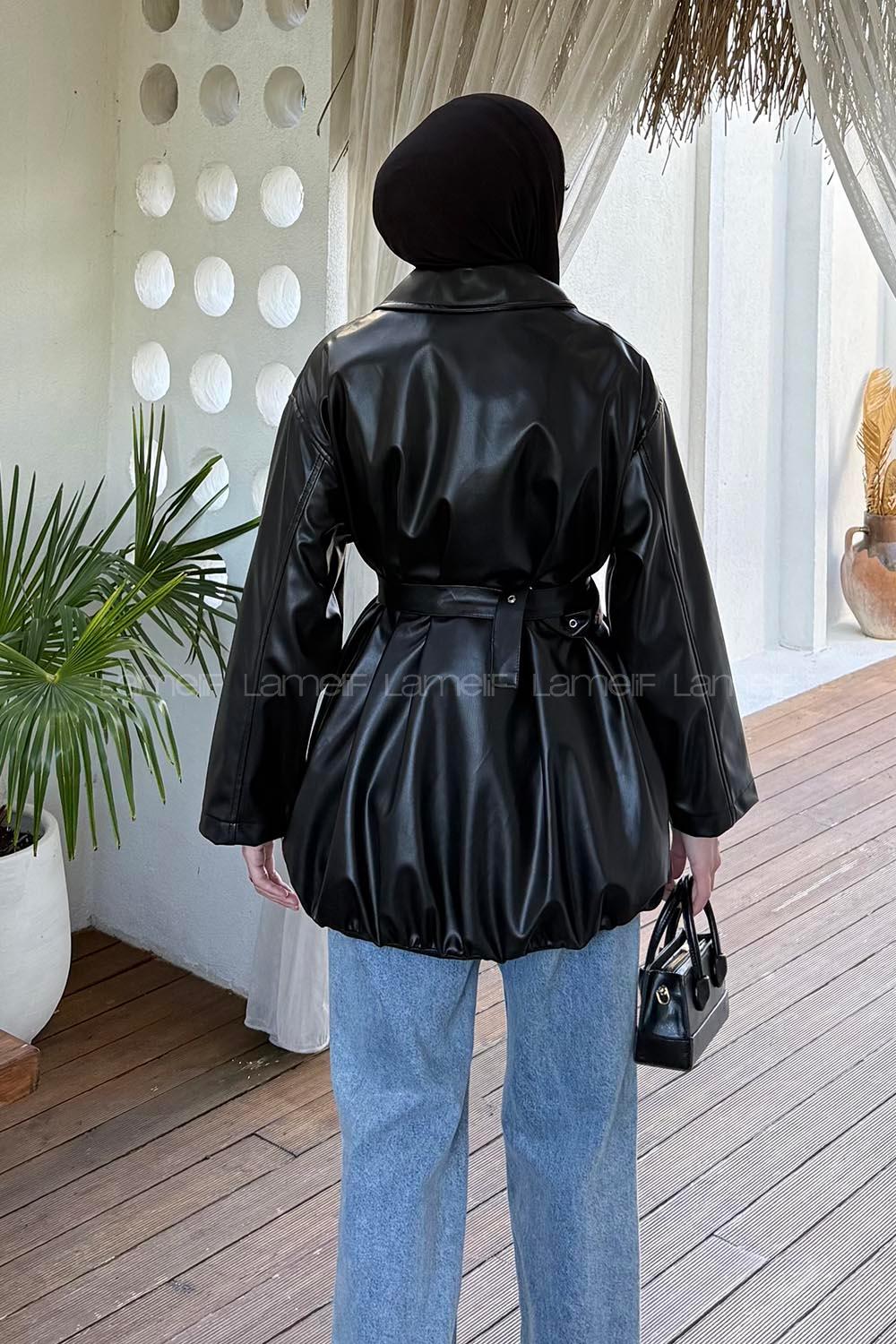 Lamelif Deri Trençkot Siyah