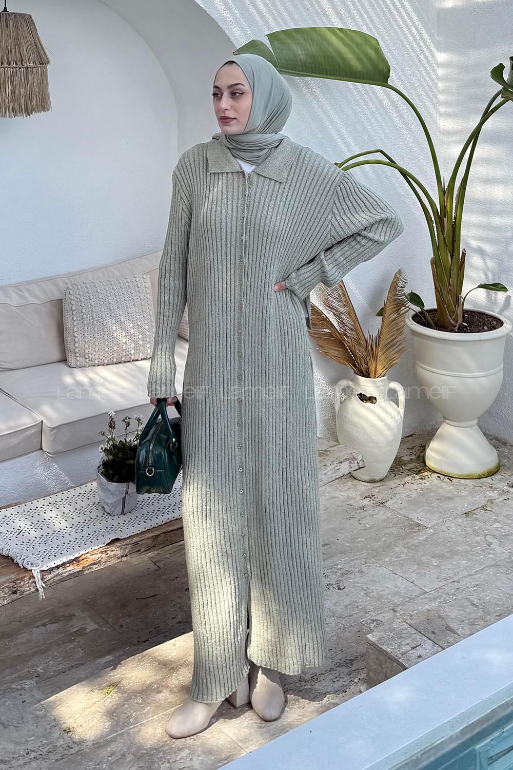 Lamelif Fitilli Triko Elbise Haki