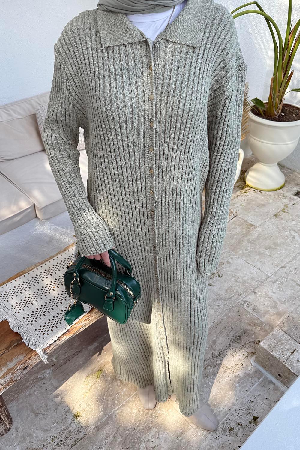 Lamelif Fitilli Triko Elbise Haki