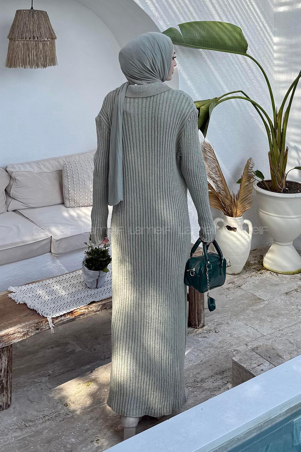 Lamelif Fitilli Triko Elbise Haki