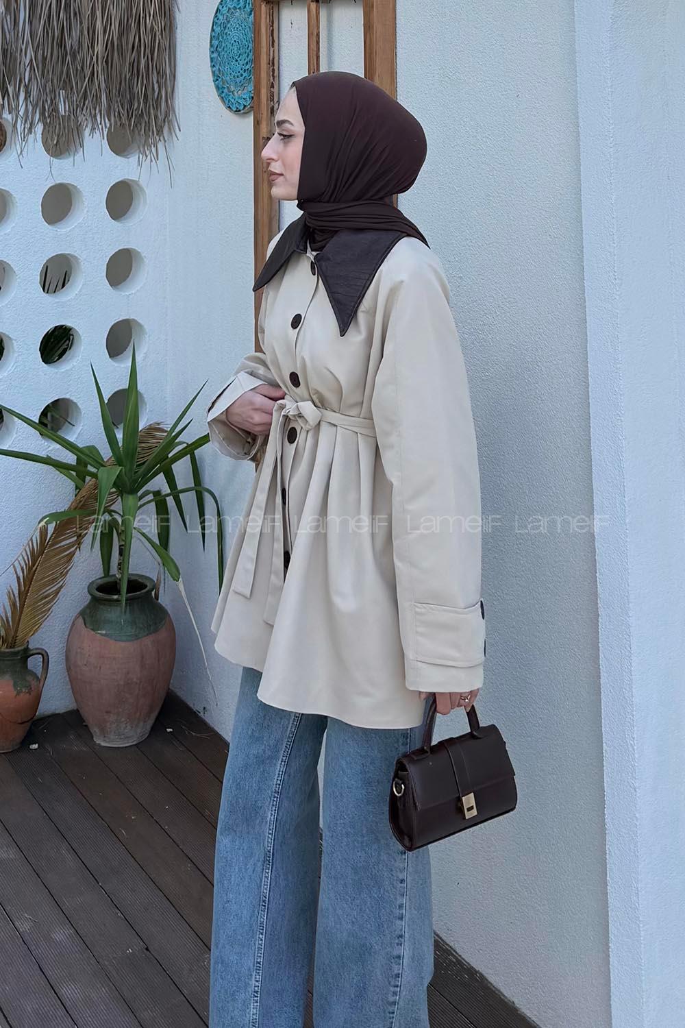 Lamelif Garni Yaka Trençkot Bej