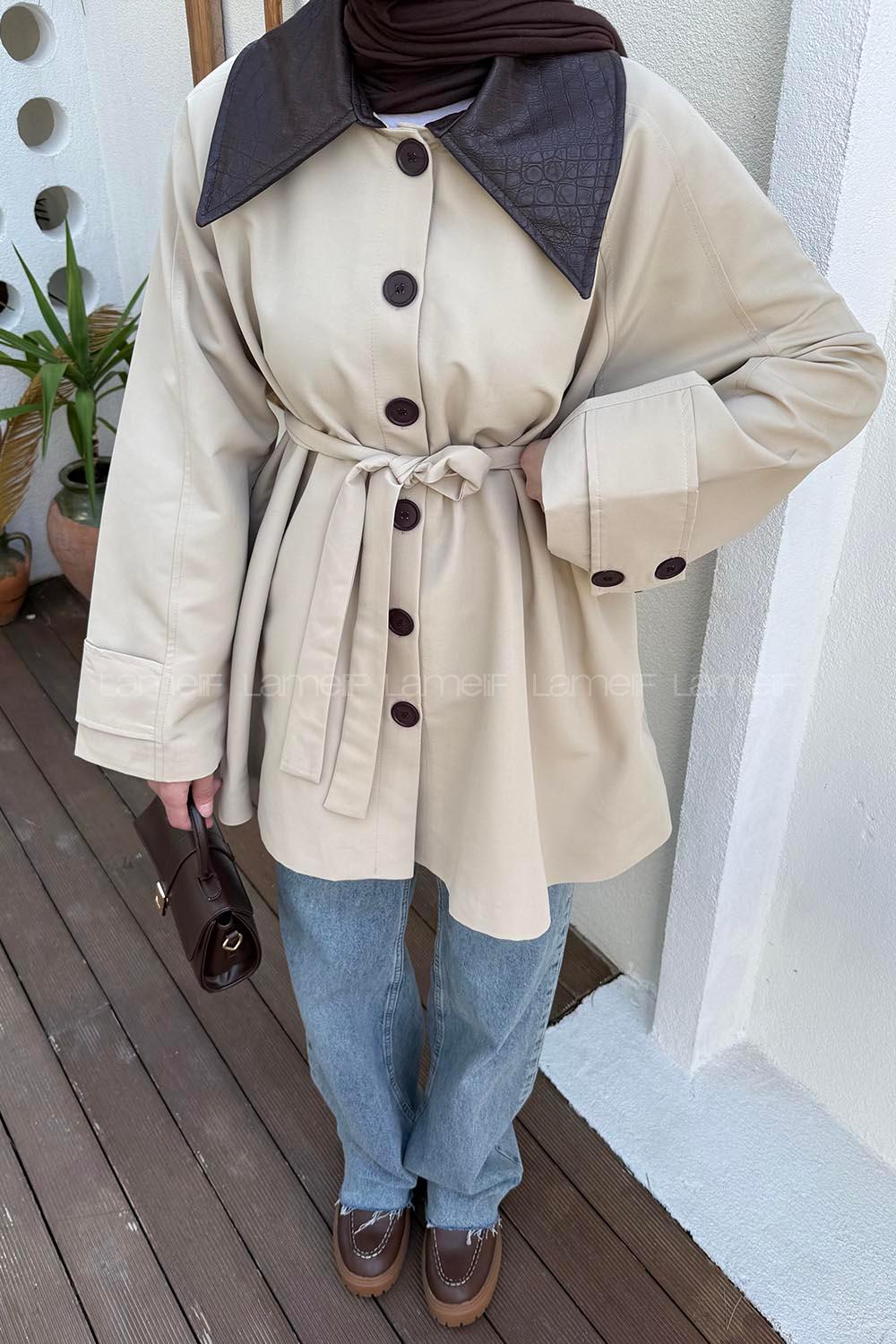 Lamelif Garni Yaka Trençkot Bej