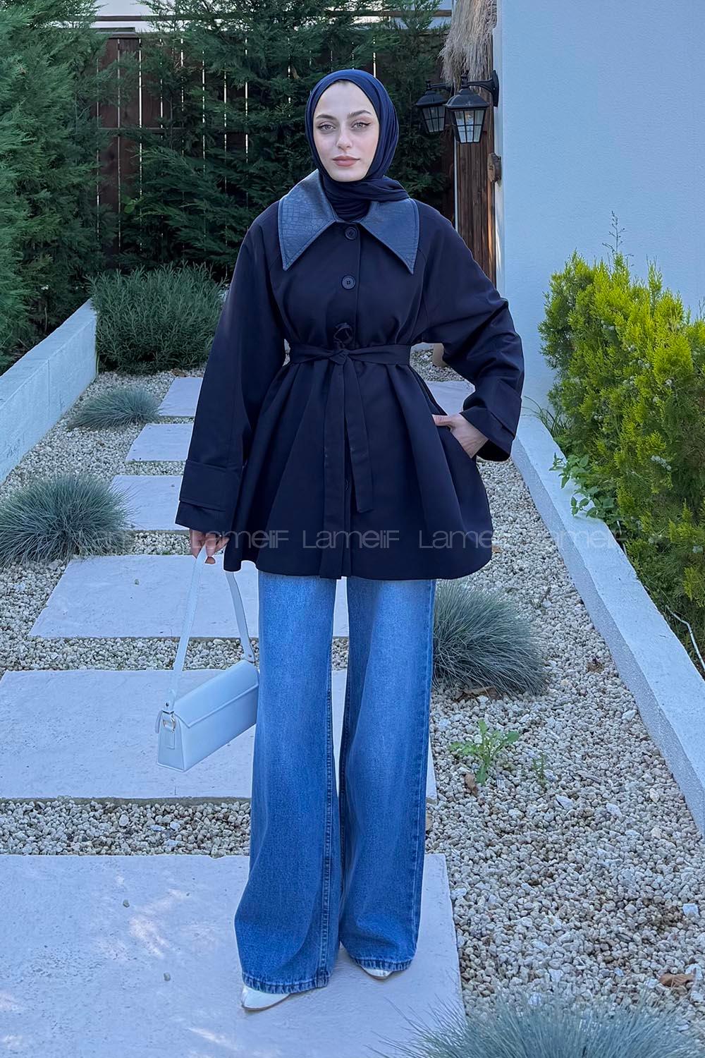 Lamelif Garni Yaka Trençkot Lacivert