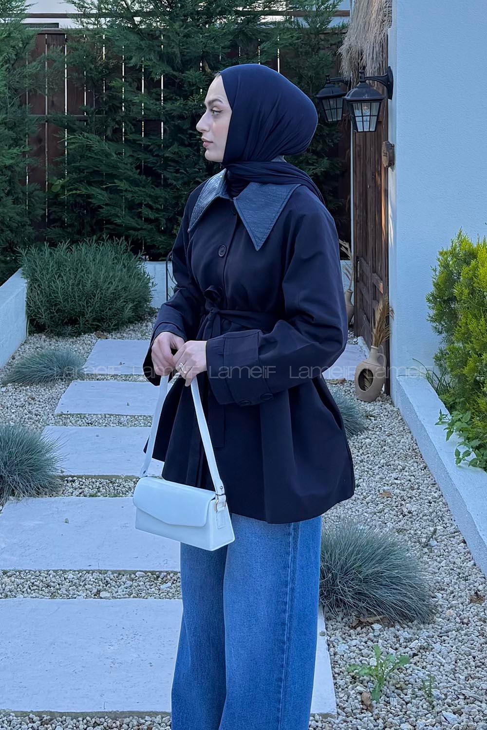 Lamelif Garni Yaka Trençkot Lacivert