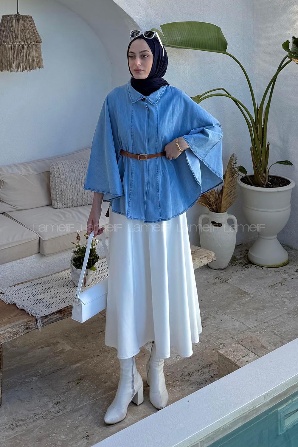 Light Blue Neckband Polyester Poncho