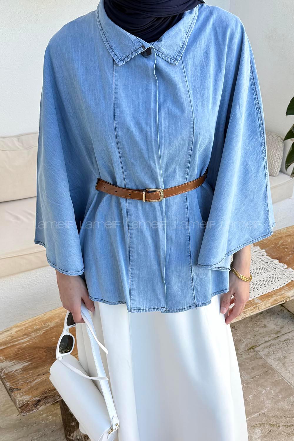 Light Blue Neckband Polyester Poncho
