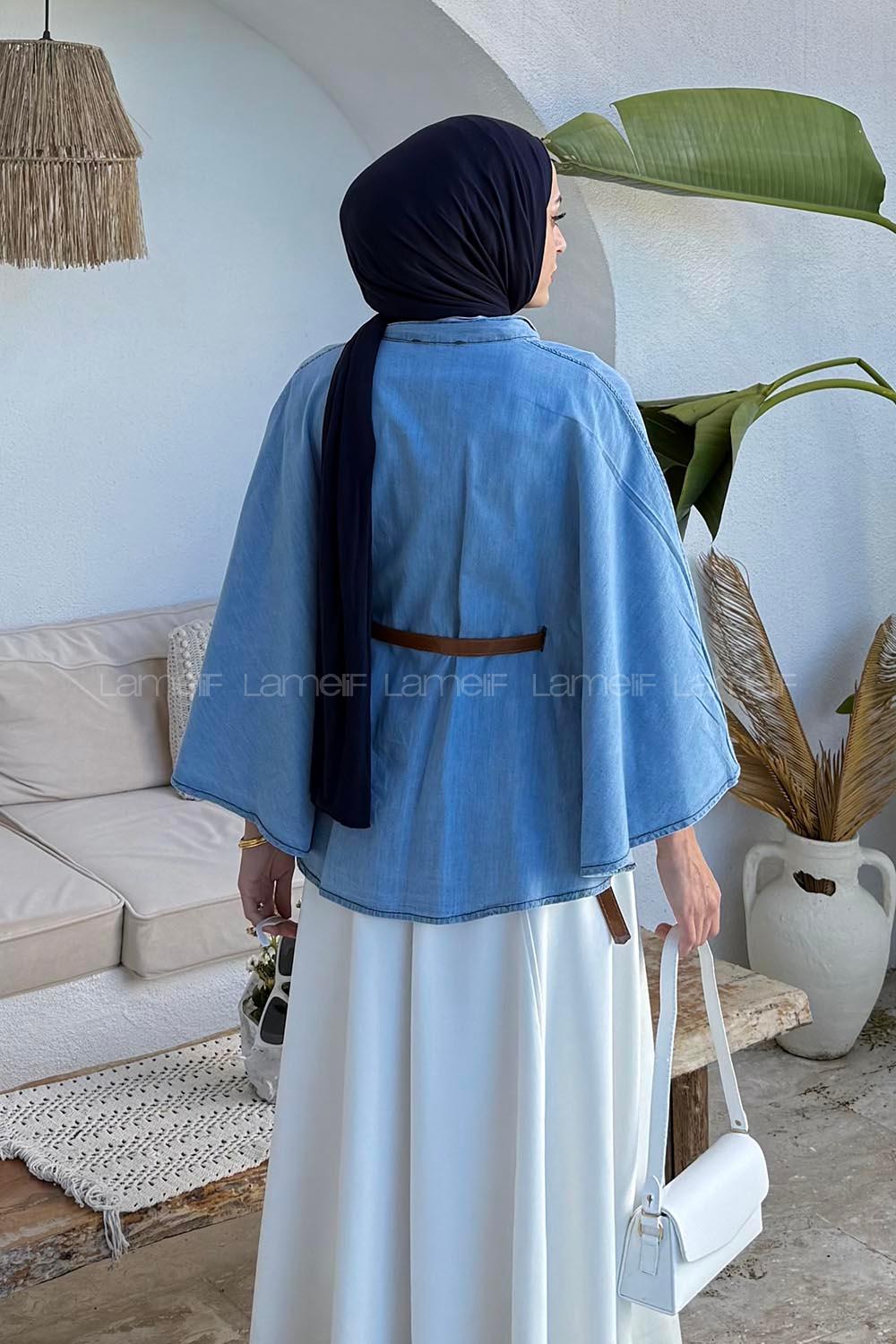 Light Blue Neckband Polyester Poncho