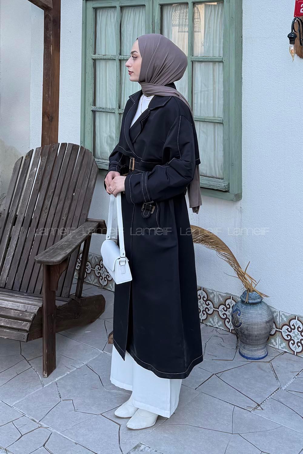 Lamelif Kuşaklı Trençkot Siyah