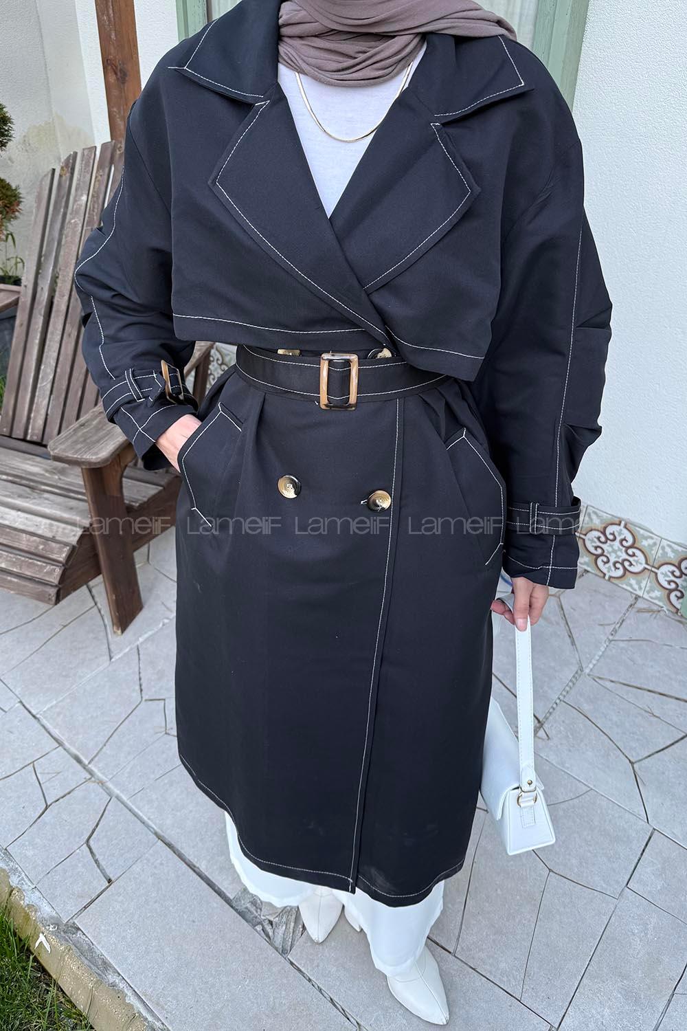 Lamelif Kuşaklı Trençkot Siyah