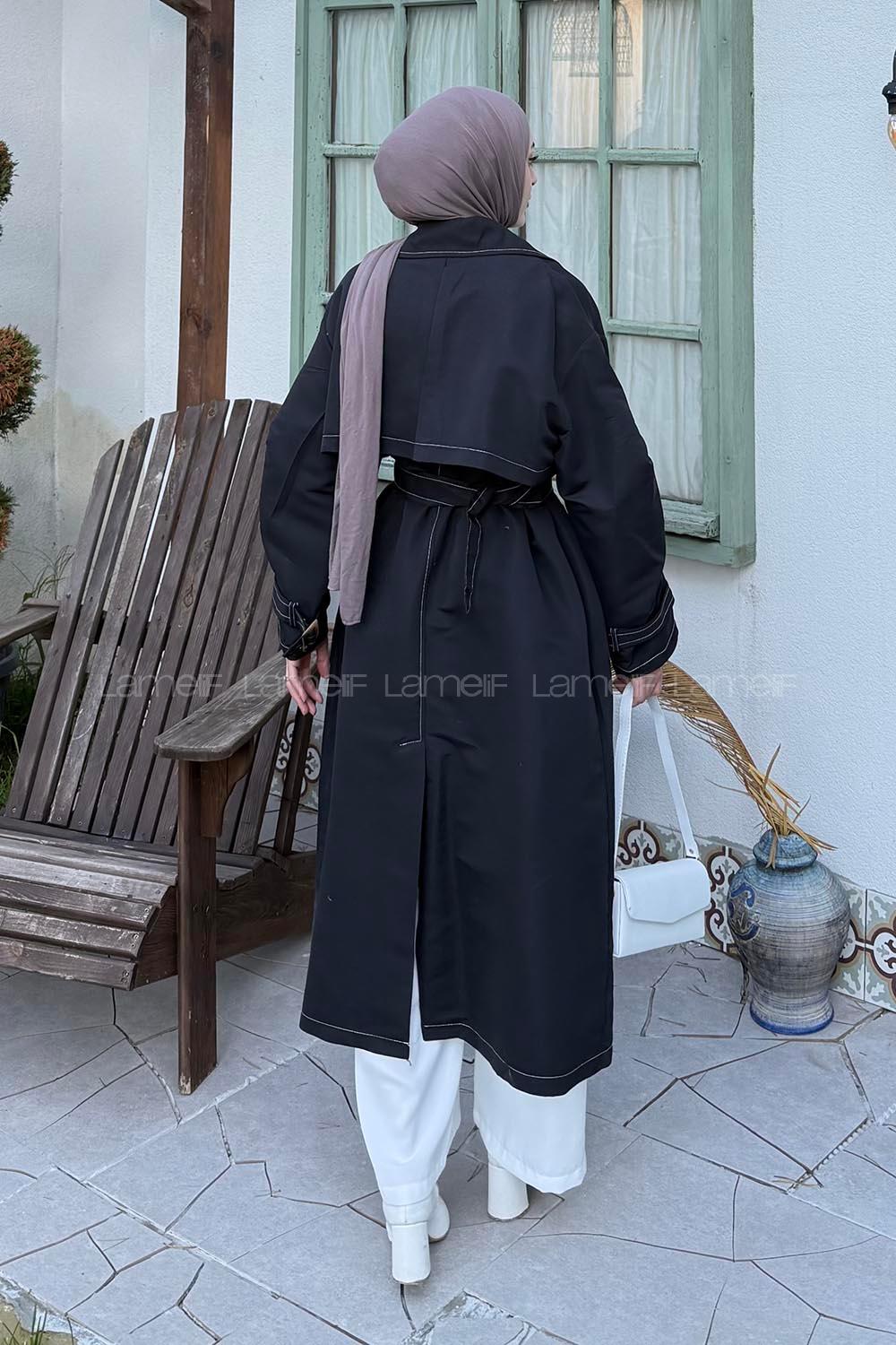 Lamelif Kuşaklı Trençkot Siyah