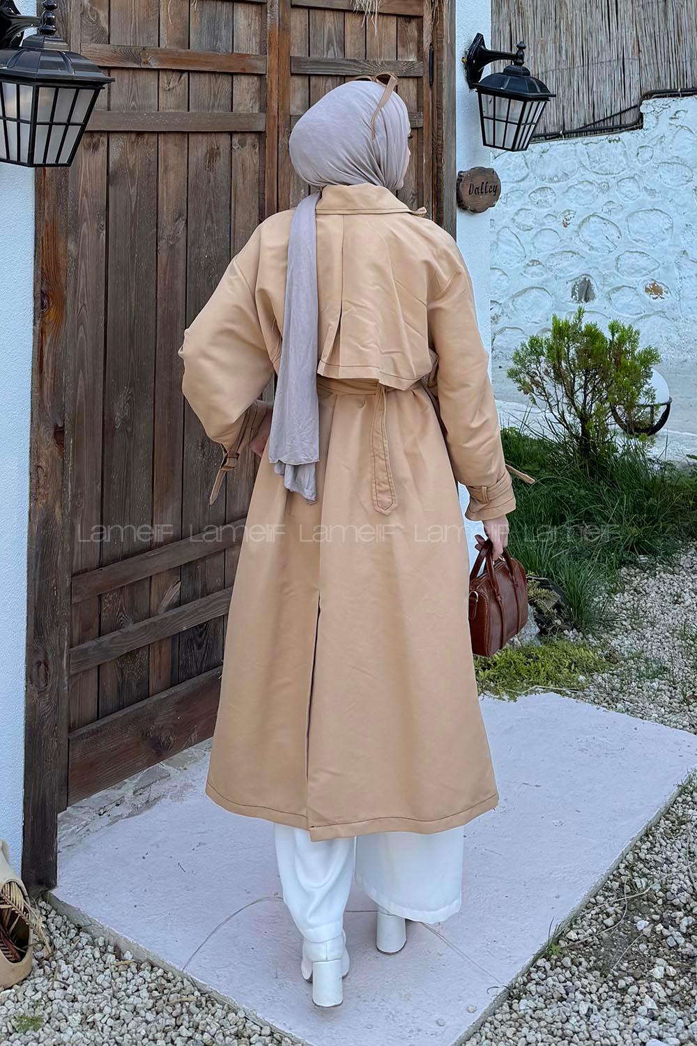 Lamelif Kuşaklı Trençkot Vizonrengi