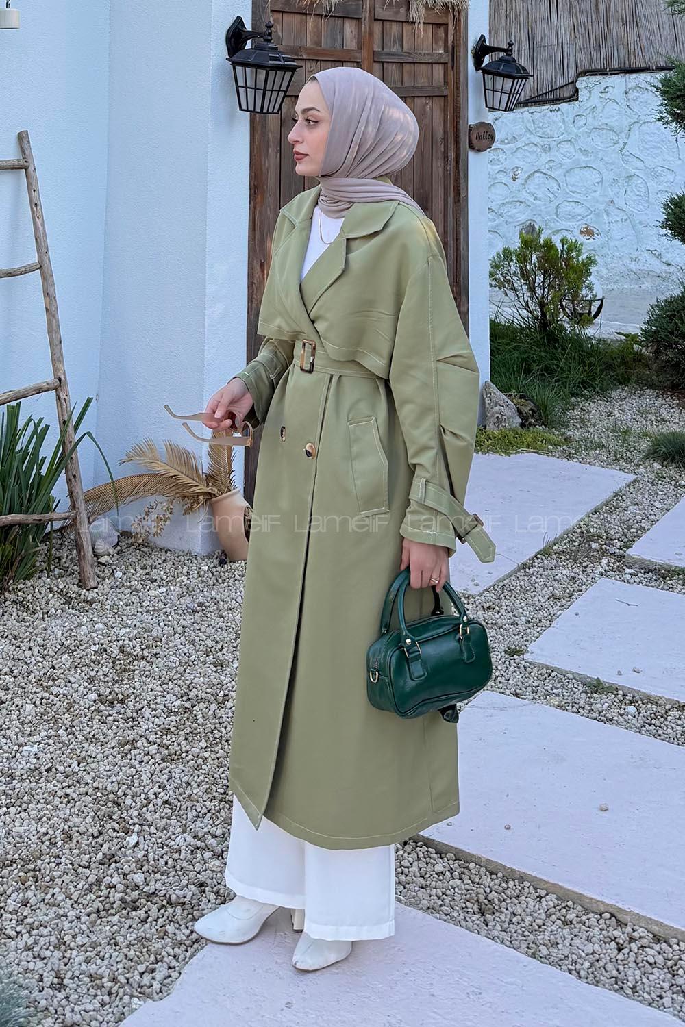 Lamelif Kuşaklı Trençkot Yeşil