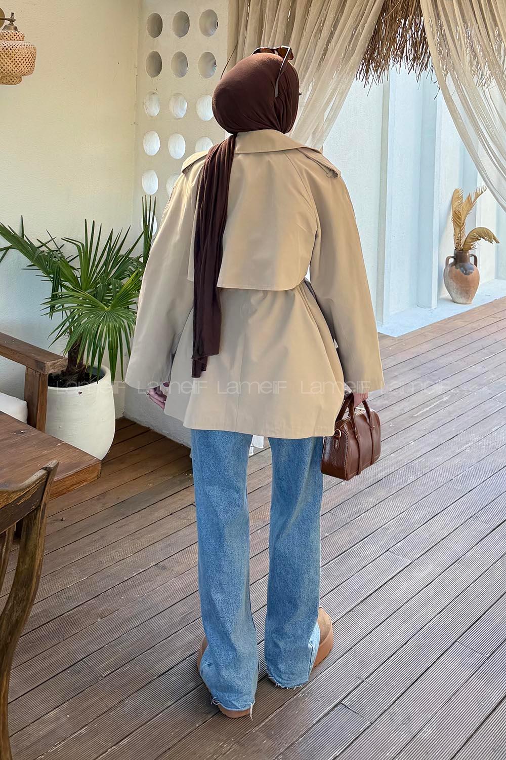 Lamelif Omuz Apoletli Kısa Trençkot Bej