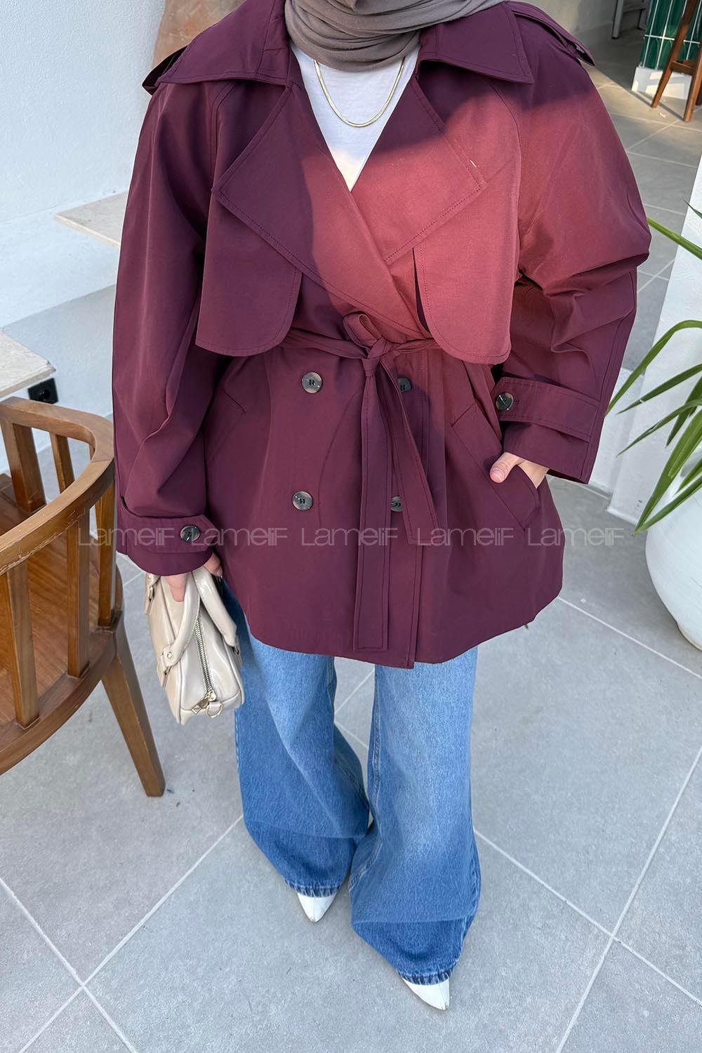 Lamelif Omuz Apoletli Kısa Trençkot Bordo