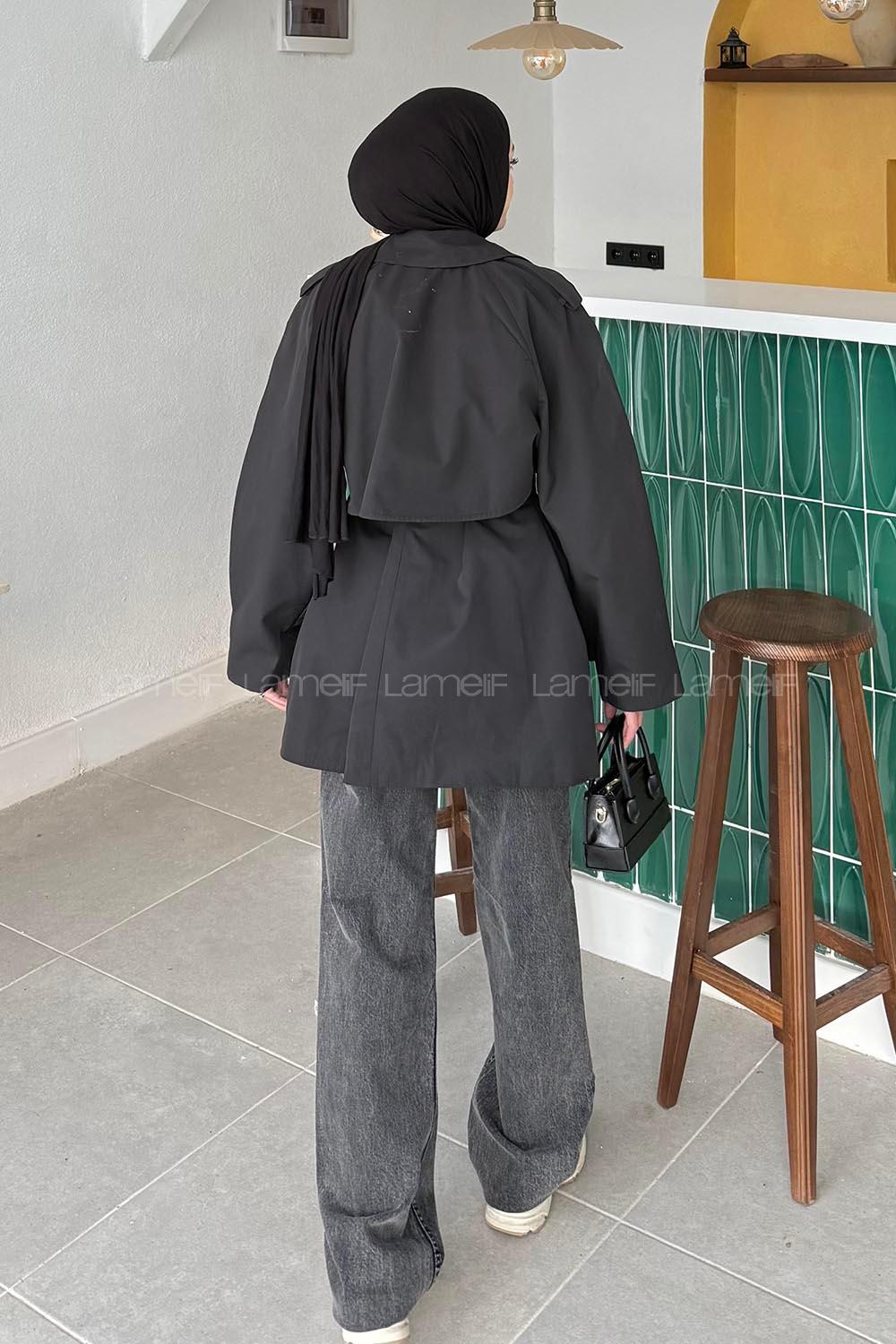 Lamelif Omuz Apoletli Kısa Trençkot Siyah