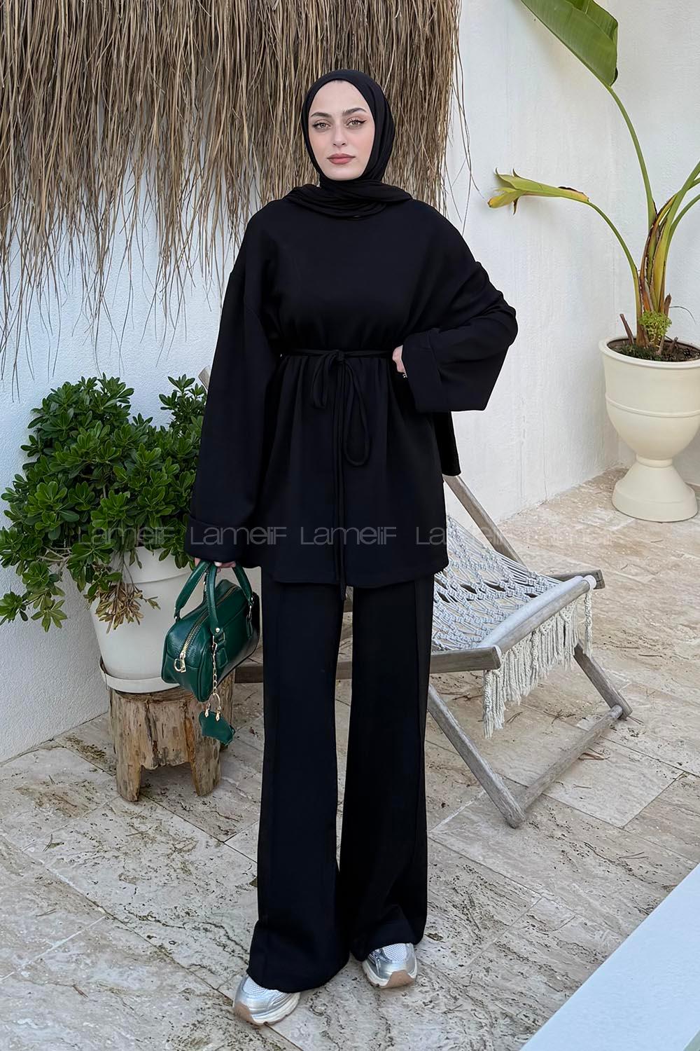 Black Crew Neck Long Arm Viscose Fabric Elastan Regular Trousers Comfortable Suit