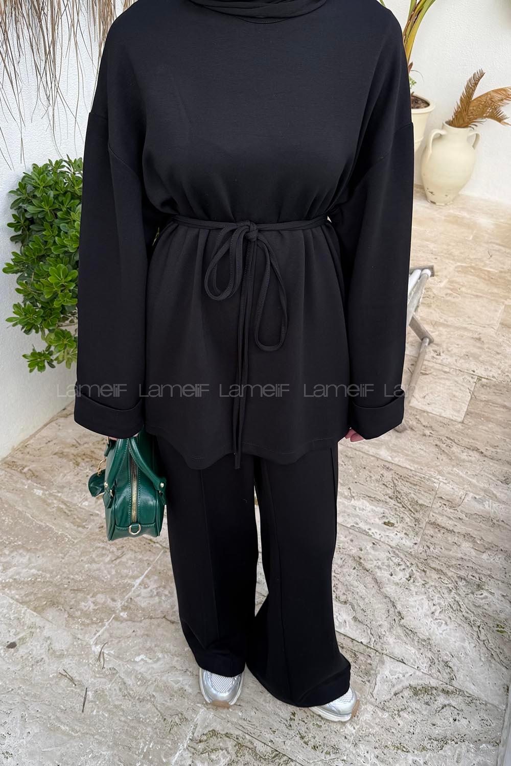 Black Crew Neck Long Arm Viscose Fabric Elastan Regular Trousers Comfortable Suit