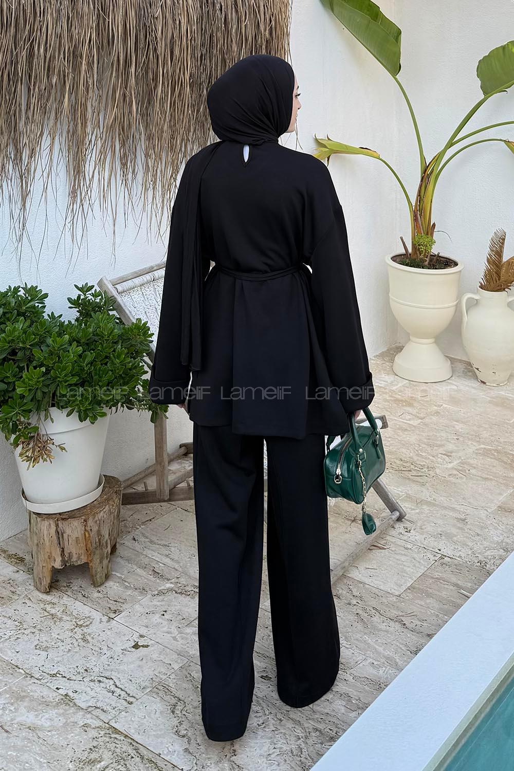 Black Crew Neck Long Arm Viscose Fabric Elastan Regular Trousers Comfortable Suit