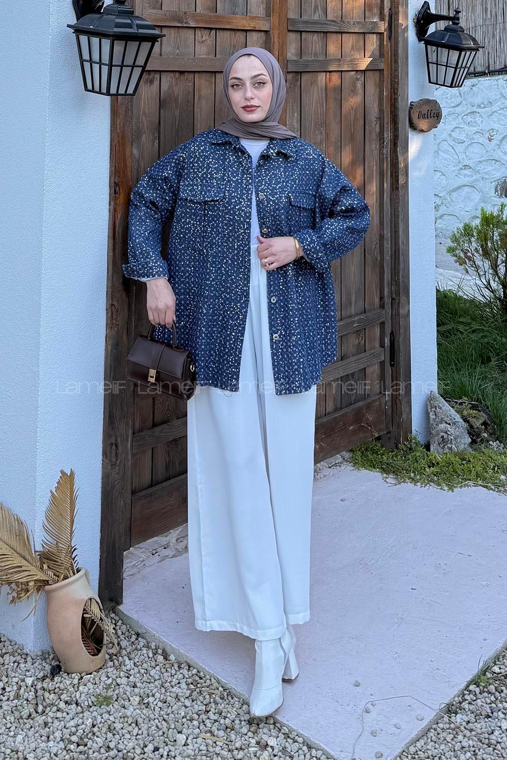 Lamelif Payetli Kot Ceket Kot Mavisi