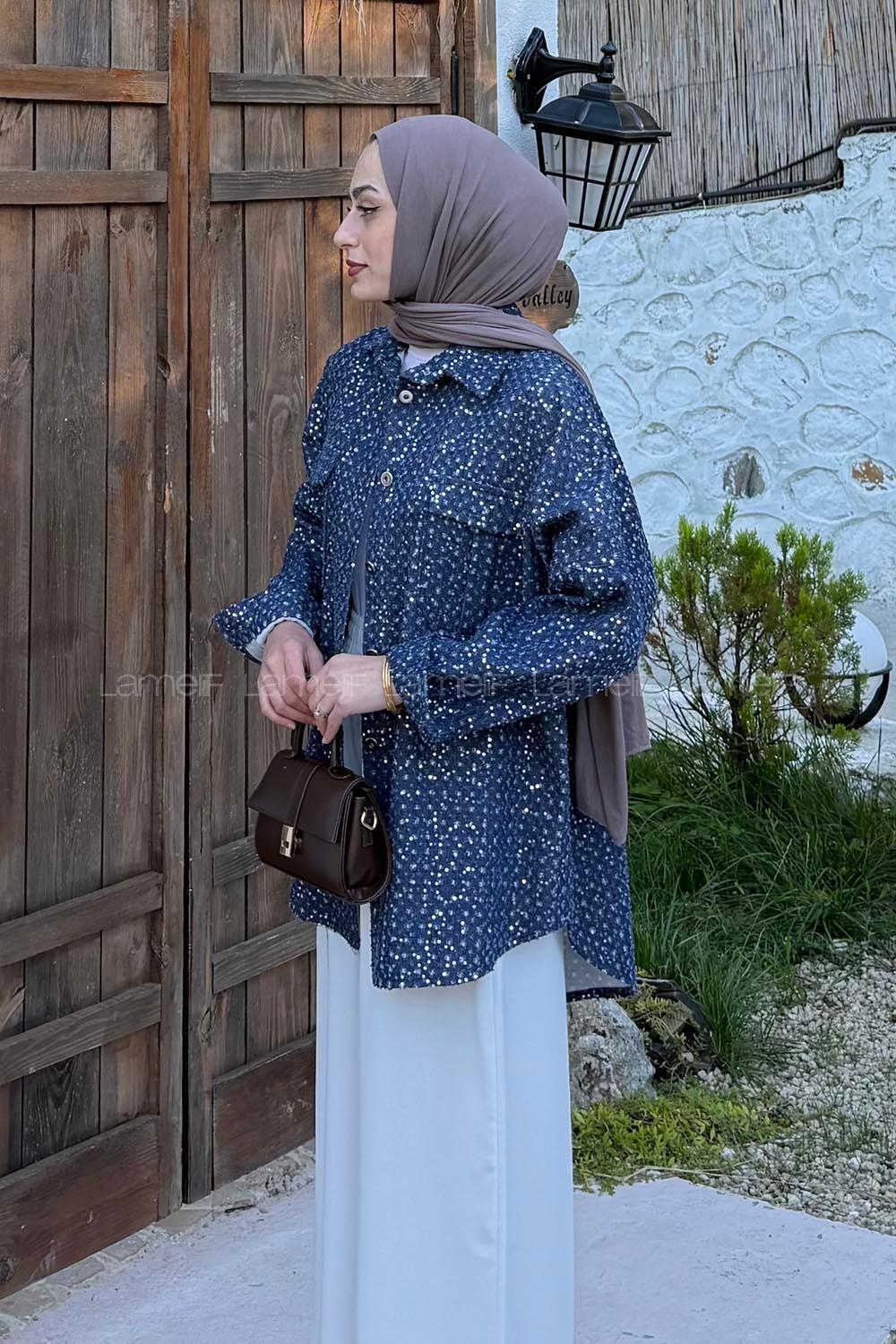 Lamelif Payetli Kot Ceket Kot Mavisi