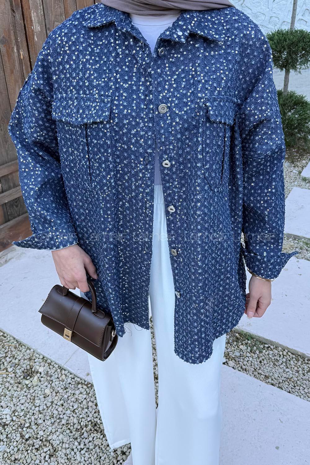 Lamelif Payetli Kot Ceket Kot Mavisi