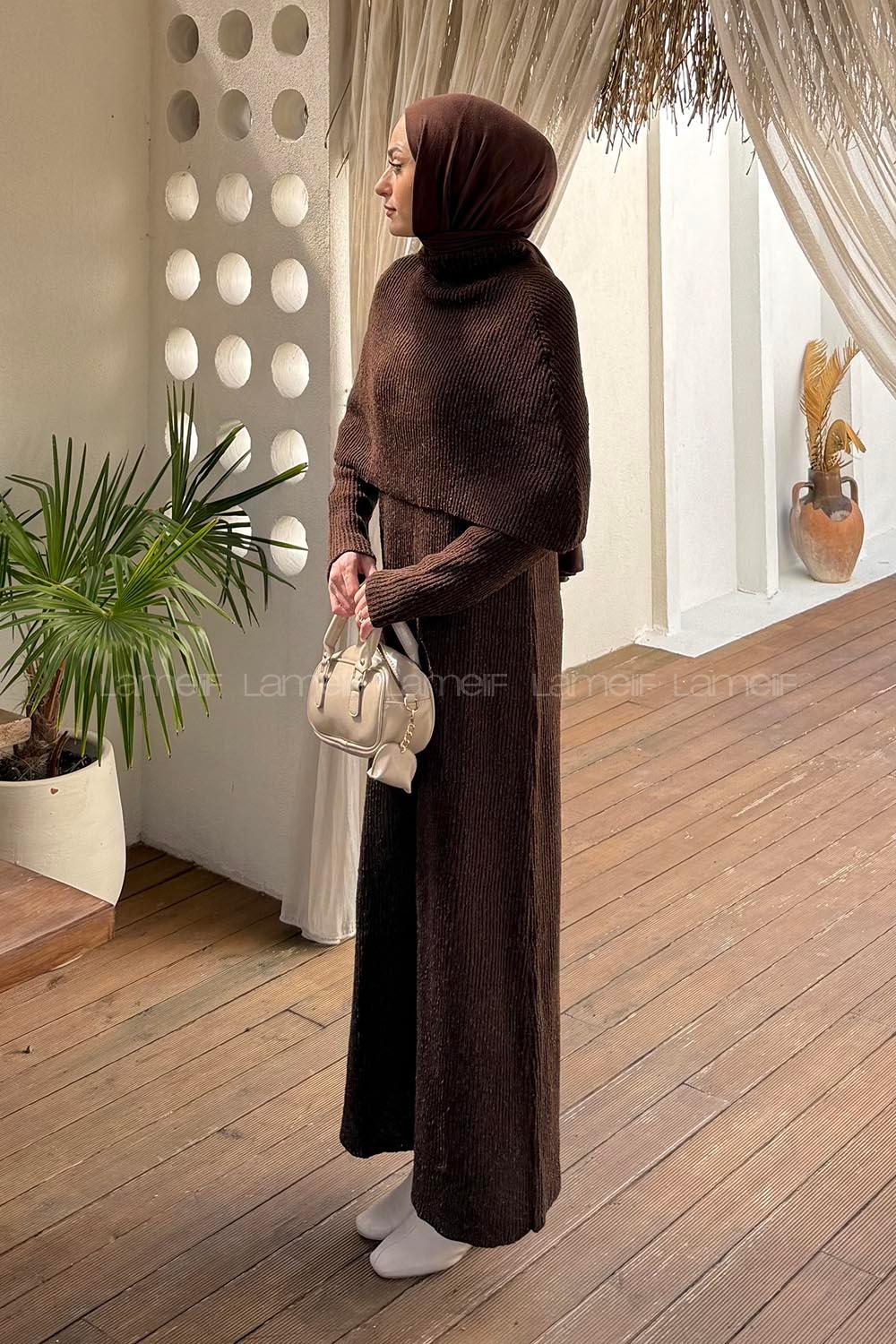 Lamelif Pelerin Yaka Triko Tesettür Elbise Acı Kahve
